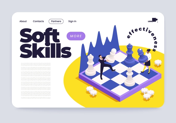 Soft skills effective teamwork isometric web page design with business people moving pieces on chessboard vector illustration