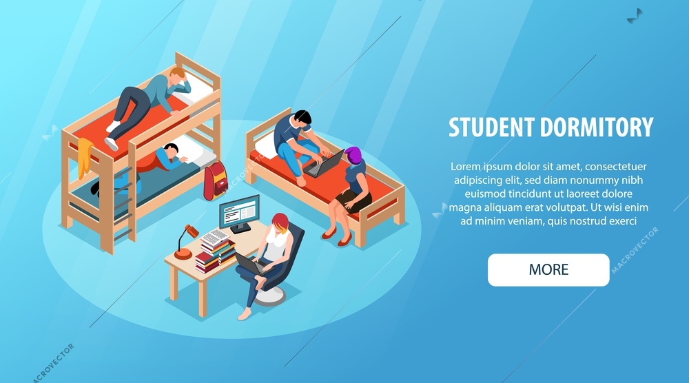 Student dormitory horizontal banner with teens in university or college dorm room interior vector illustration