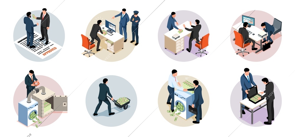 Money laundering isometric round compositions depicting bribery criminal activity in politics and business isolated vector illustration