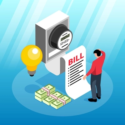 Public utilities isometric composition with man character puzzled by big electricity bill vector illustration