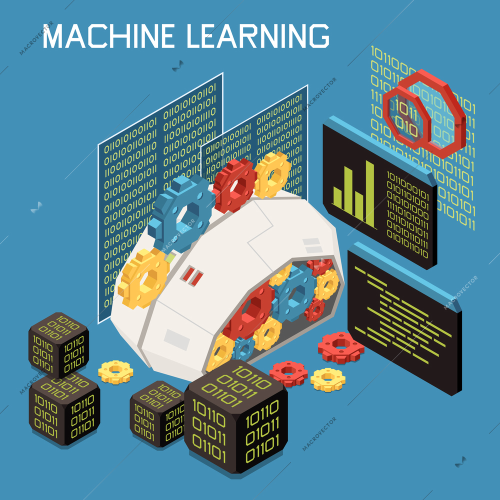 Machine learning isometric composition with artificial brain full of gears with cubes of code and text vector illustration