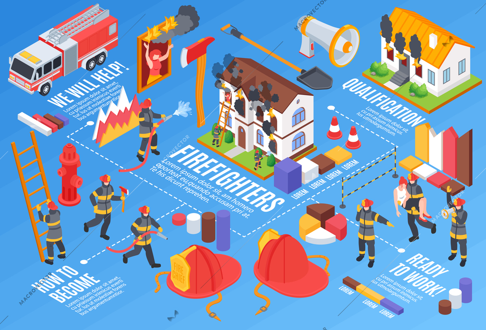 Isometric firefighter horizontal composition with bar charts graphs fire extinguishers and characters of firemen with tools vector illustration