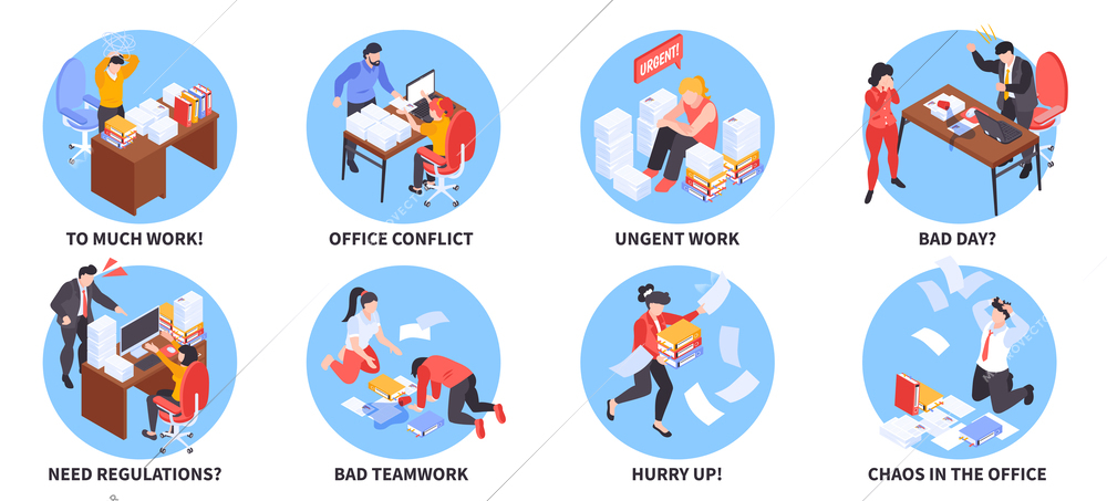 Isometric office chaos set of isolated round compositions with discouraged outworking coworkers missing deadlines and text vector illustration