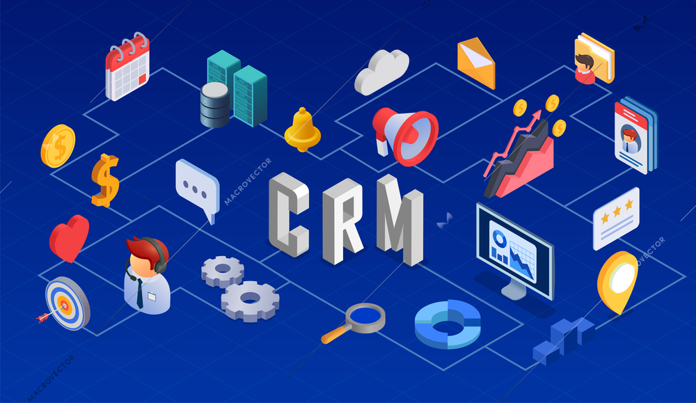 CRM isometric flowchart with customer relationship management symbols vector illustration