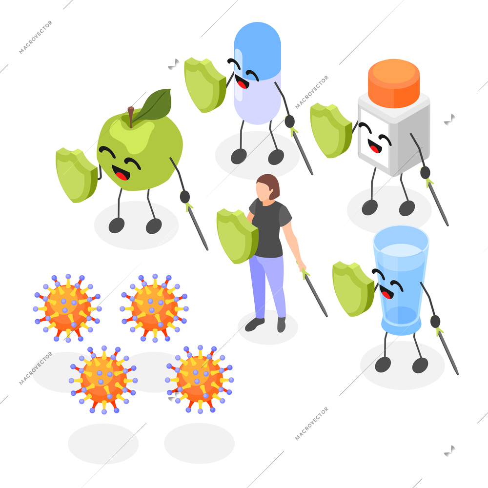 Immune system boost isometric composition with happy characters of fruit and pills and healthy woman protected from viruses vector illustration