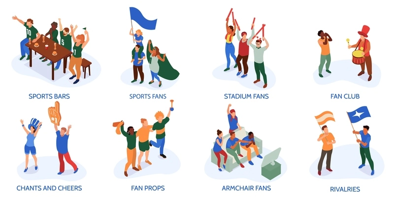 Isometric sport fans set of isolated compositions with characters of fans with props flags and drinks vector illustration