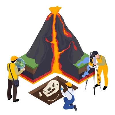 Earth sciences geology petrology seismology volcanology isometric composition with isolated view of scientists exploring volcanic eruption vector illustration