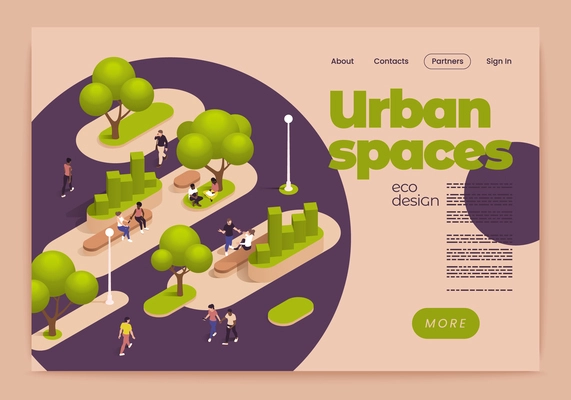 Urban city green spaces eco design isometric banner or landing page with links descriptions and more button vector illustration