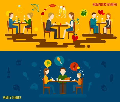 People in restaurant horizontal banner set with romantic evening and family dinner elements isolated vector illustration