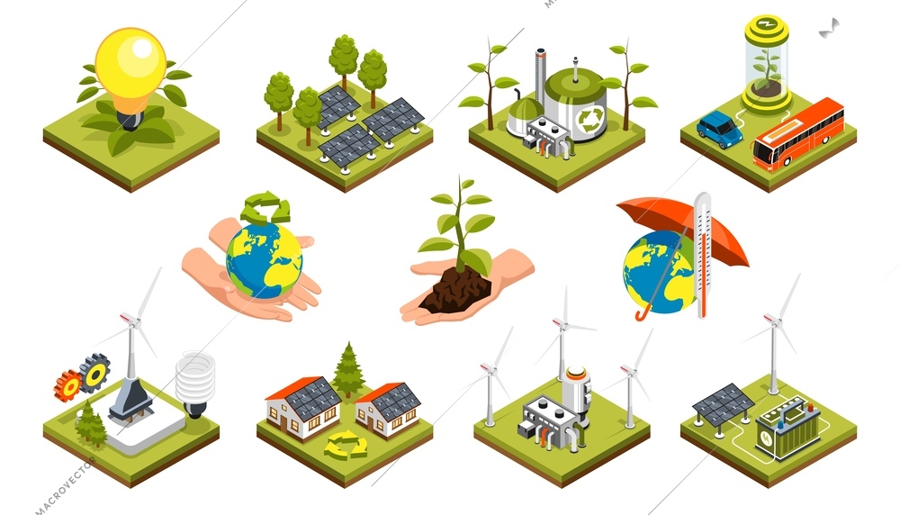Ecology isometric icons set on theme of green energy clean planet and eco home isolated on white background vector illustration