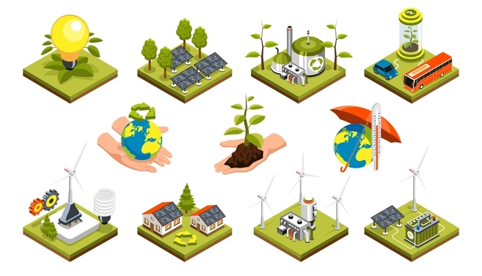 Ecology isometric icons set on theme of green energy clean planet and eco home isolated on white background vector illustration