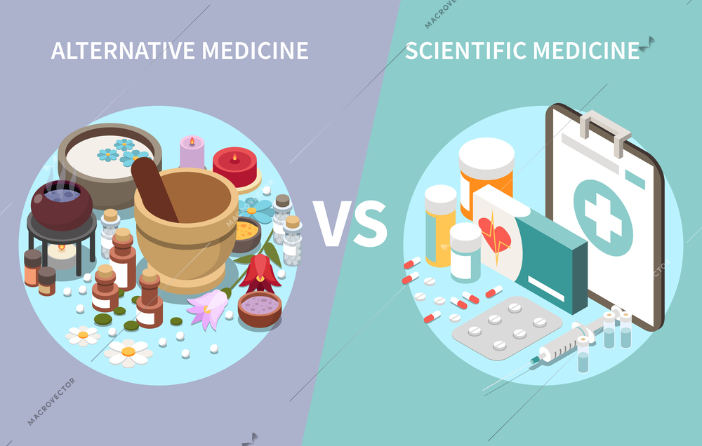 Alternative medicine isometric composition with two round compositions representing complementary versus scientific medication methods and drugs vector illustration