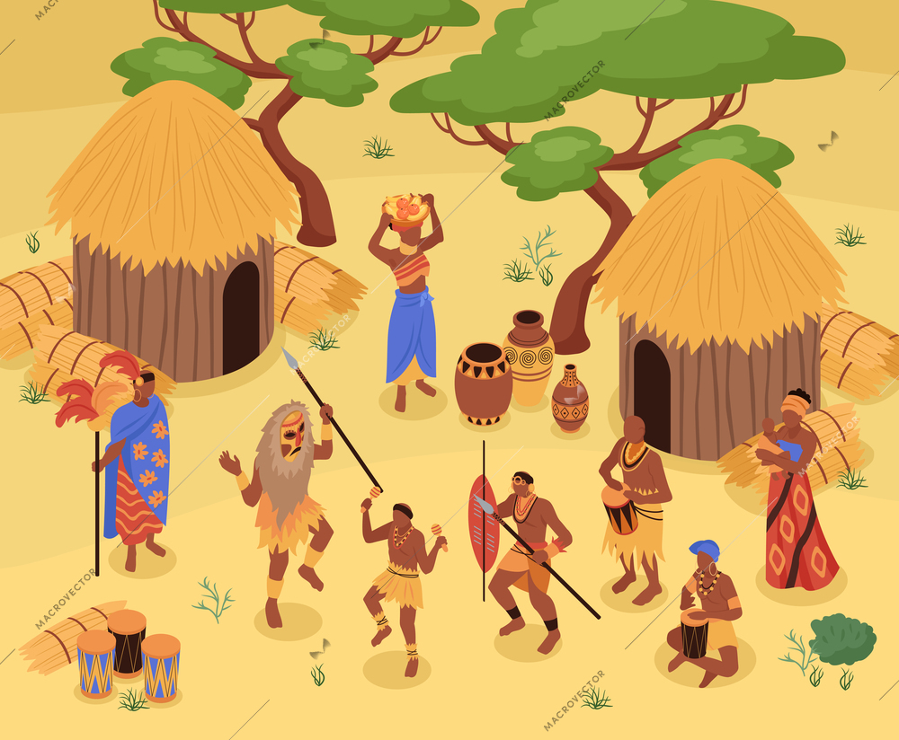 Isometric african people composition with outdoor landscape and view of tribal village with houses and people vector illustration