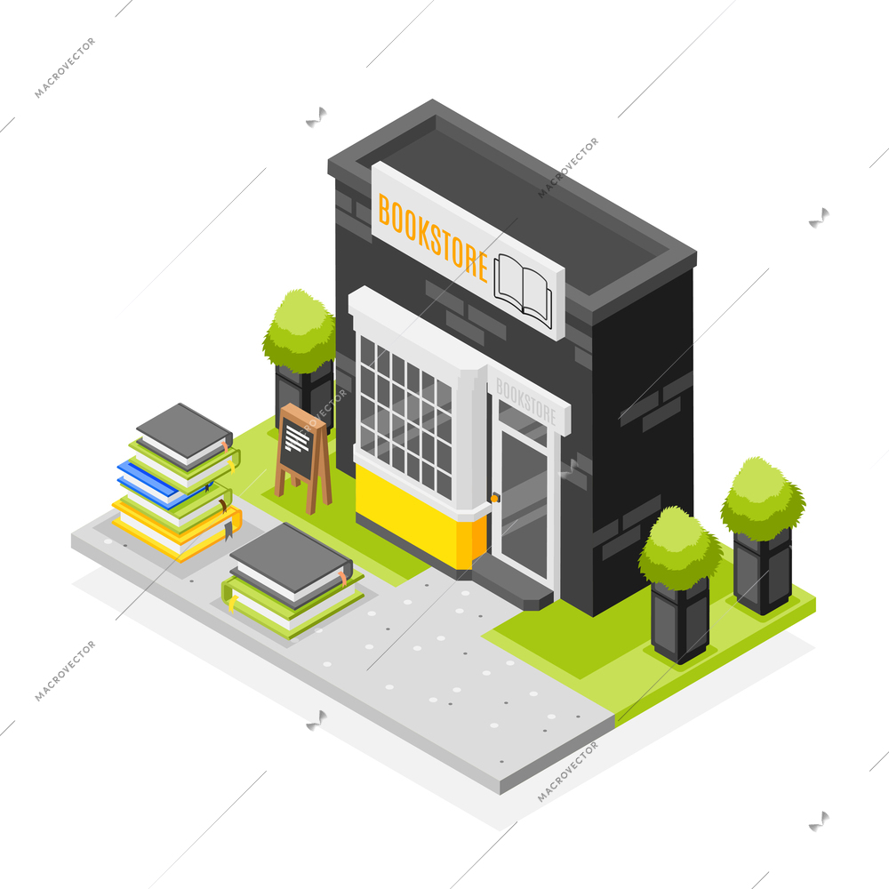Book store isometric composition with bookshop building and stacks of books 3d vector illustration