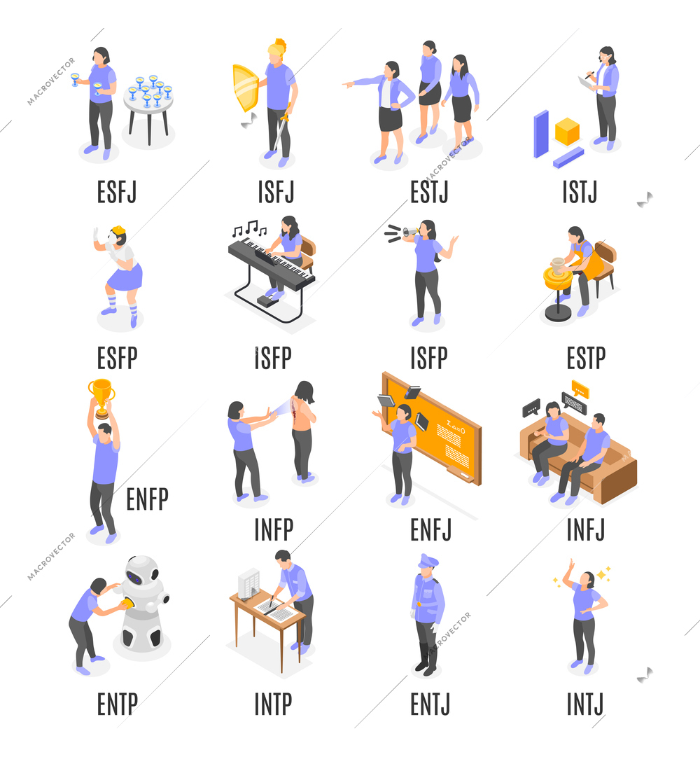 People with various mbti personality types isometric icons set isolated vector illustration