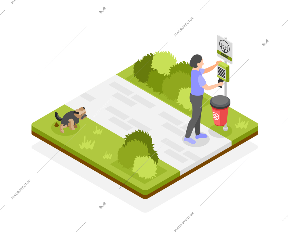 People clean up after your dog isometric concept with responsible pet owner taking bag to pick up poop vector illustration