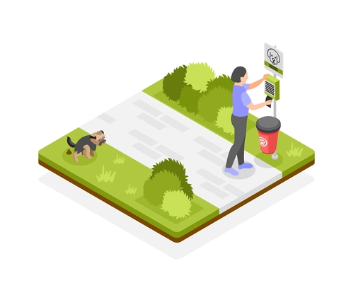 People clean up after your dog isometric concept with responsible pet owner taking bag to pick up poop vector illustration
