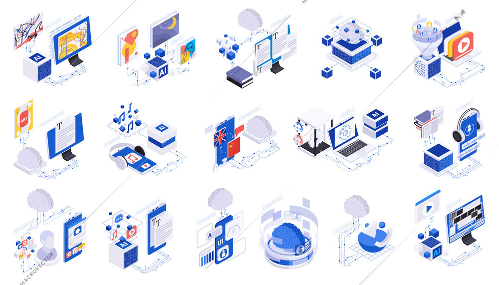 Ai powered content creation and generated art isometric set isolated vector illustration