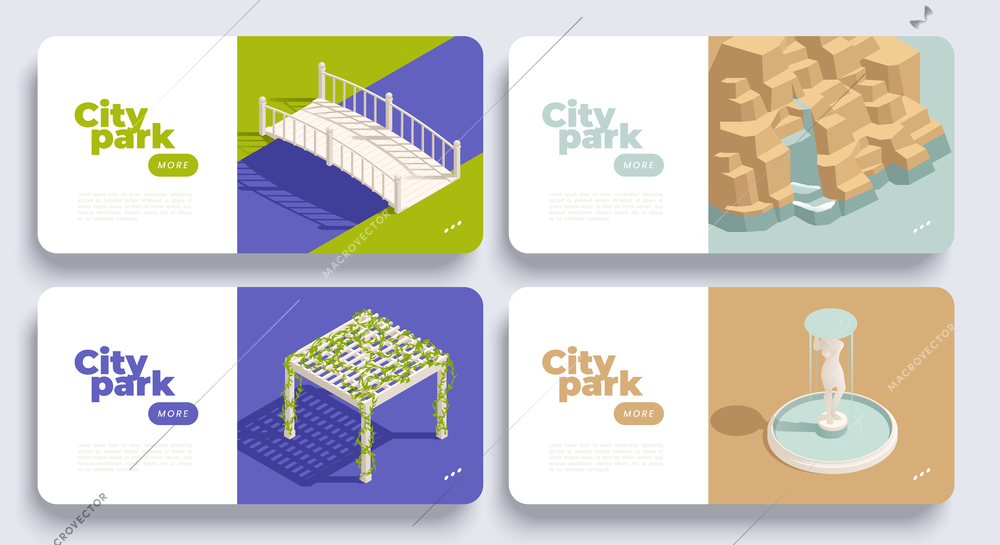 Park fountains ponds gazebo set of four horizontal banners with isometric landscape elements text and buttons vector illustration