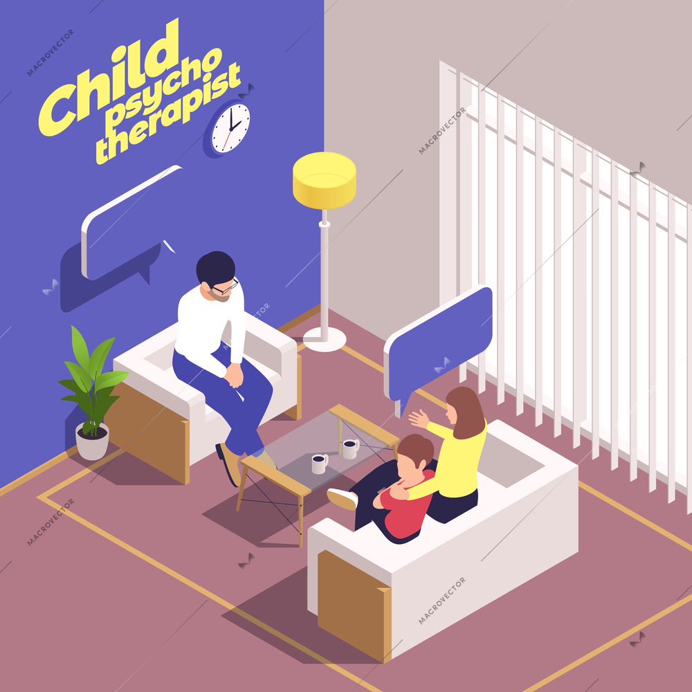 Pediatrics pediatrician isometric composition with view of psychologists office with mother and child talking to psychotherapist vector illustration