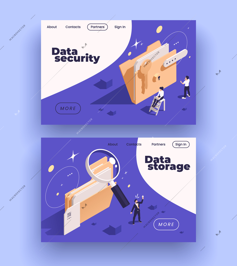 Data management concept icons isometric set of web site landing pages with clickable links and text vector illustration