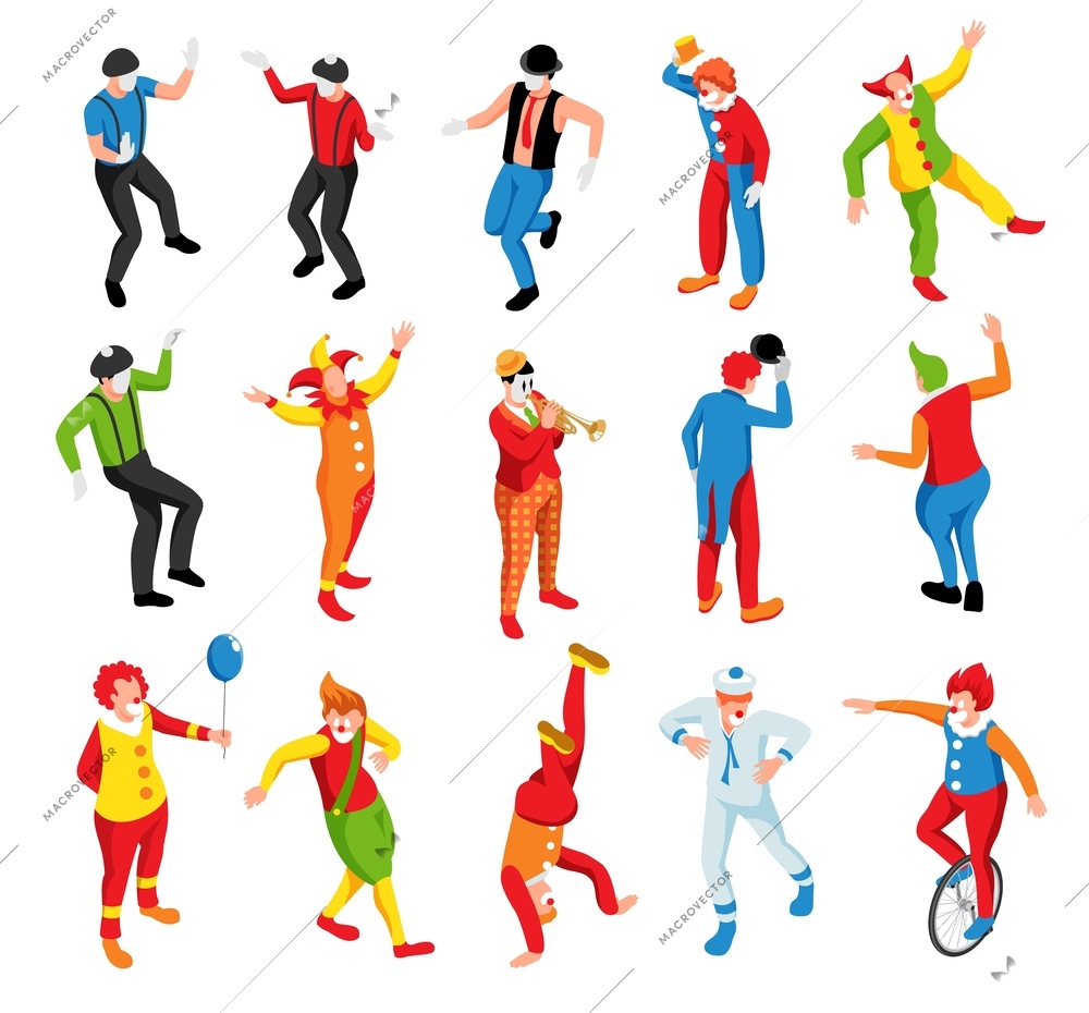 Isometric set of clowns mimes actors wearing colorful costumes isolated vector illustration