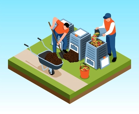Male gardeners making and using compost 3d isometric isolated on blue background vector illustration