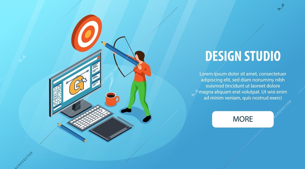 Design studio horizontal blue background website banner with female designer shooting at target 3d isometric vector illustration