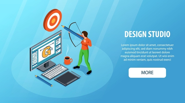 Design studio horizontal blue background website banner with female designer shooting at target 3d isometric vector illustration