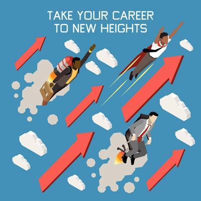 Career boost isometric concept with take your career to new heights headline vector illustration