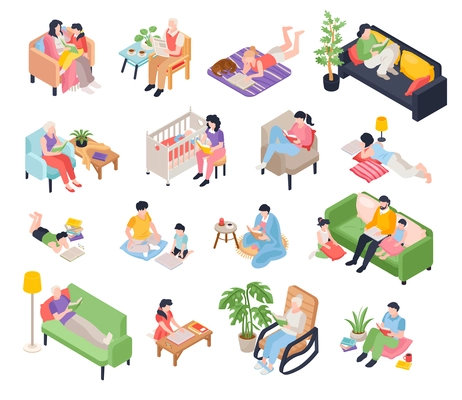 Isometric reading book people set with isolated icons of interior elements with human characters and books vector illustration