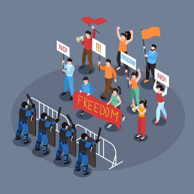 Isometric protest composition with isolated circle view of protesters holding placards and flags with police cordon vector illustration