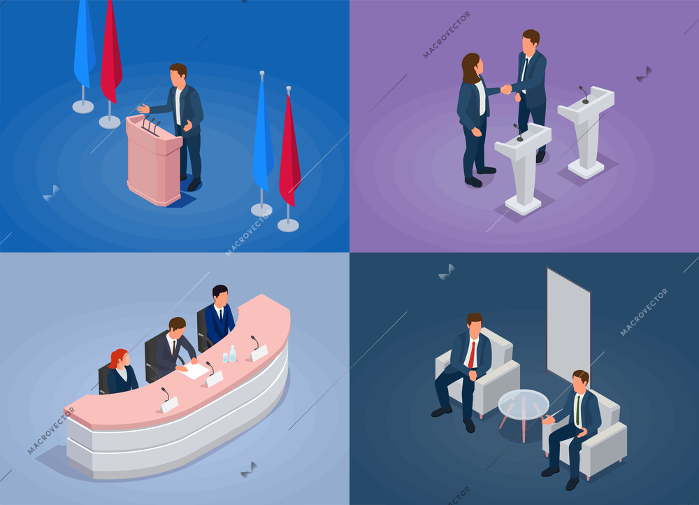 Conference hall concept icons set with meeting room and stage symbols isometric isolated vector illustration