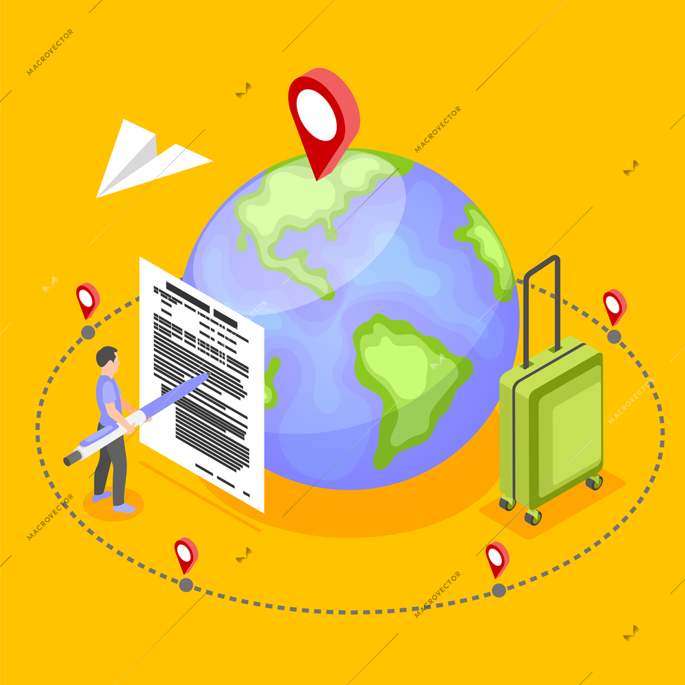 Work migration isometric concept on yellow background with man getting job abroad signing contract 3d vector illustration