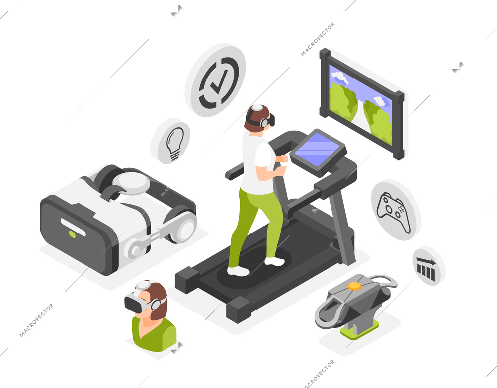 Vr sports trainings isometric colored composition girl running on a treadmill wearing virtual reality glasses vector illustration