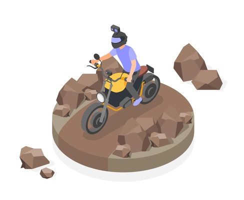 Man riding sport motorbike in rocky area with action camera on helmet isometric composition 3d vector illustration