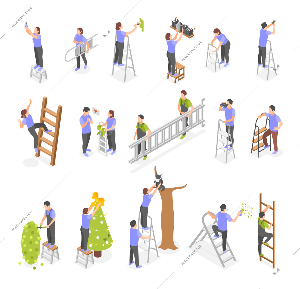 People using ladder for various purposes isometric icons collection isolated vector illustration