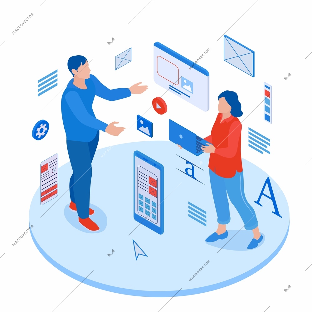 Ux and ui design isometric concept with male and female designers creating user interface 3d vector illustration