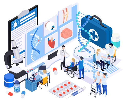 Biotechnology isometric composition with human characters of medical workers with patients medication and lab computer icons vector illustration
