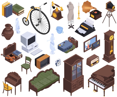 Antiquarian antique isometric set of isolated icons with vintage furniture goods and devices on blank background vector illustration