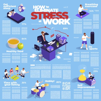 Office people isometric infographics with work stress symbols vector illustration