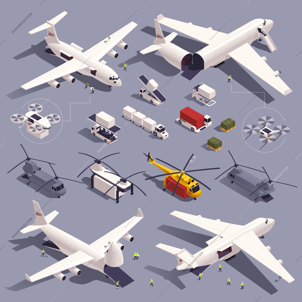 Air cargo isometric icons set with aircraft logistic symbols isolated vector illustration