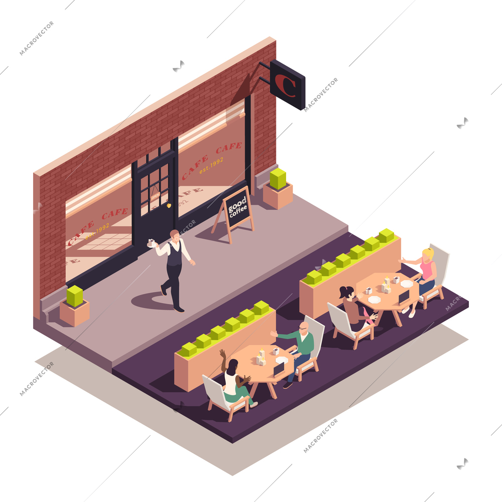 Street cafe isometric concept with people sitting on outdoor terrace vector illustration