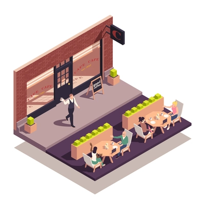 Street cafe isometric concept with people sitting on outdoor terrace vector illustration