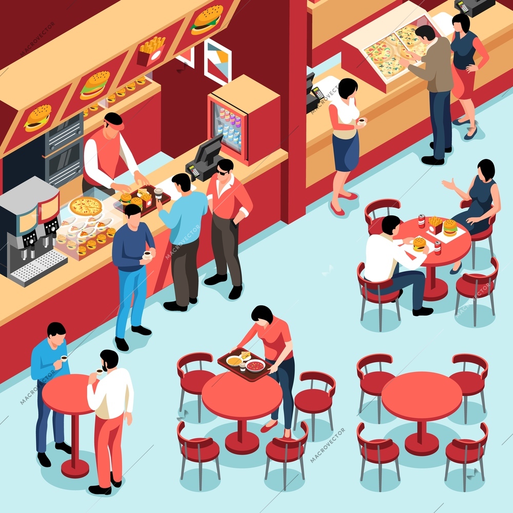 People visiting food court to eat burgers chips sandwiches soup and drink coffee isometric vector illustration