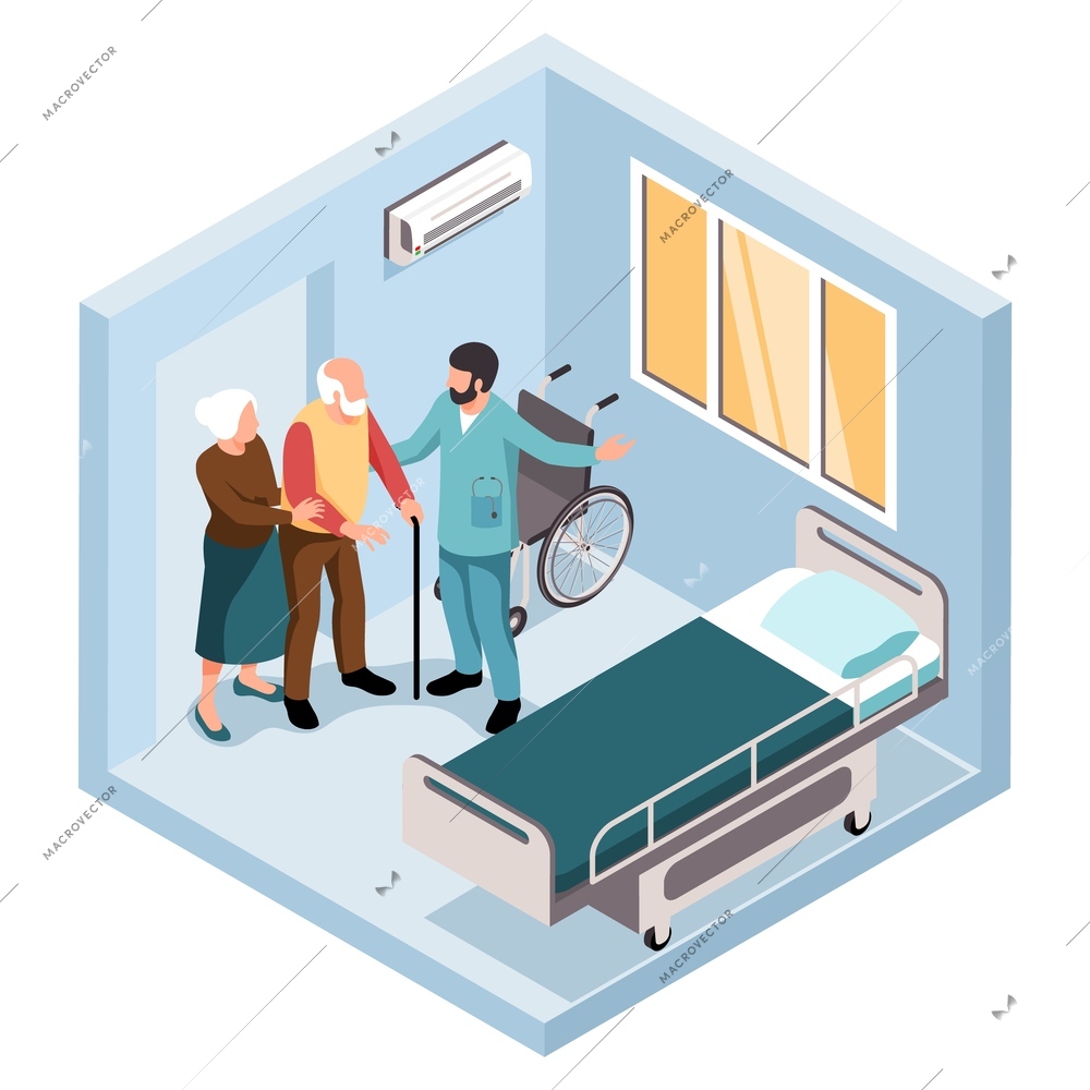 Isometric elderly people hospital composition with isolated indoor view of ward with elderly couple and doctor vector illustration