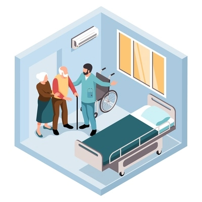 Isometric elderly people hospital composition with isolated indoor view of ward with elderly couple and doctor vector illustration