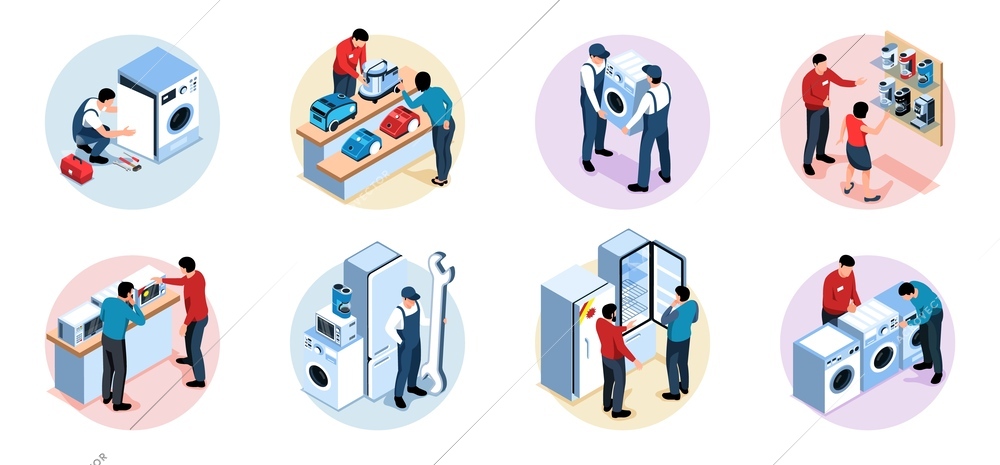 Isometric appliances set of isolated round compositions with consumer electronics service workers shop assistants and clients vector illustration