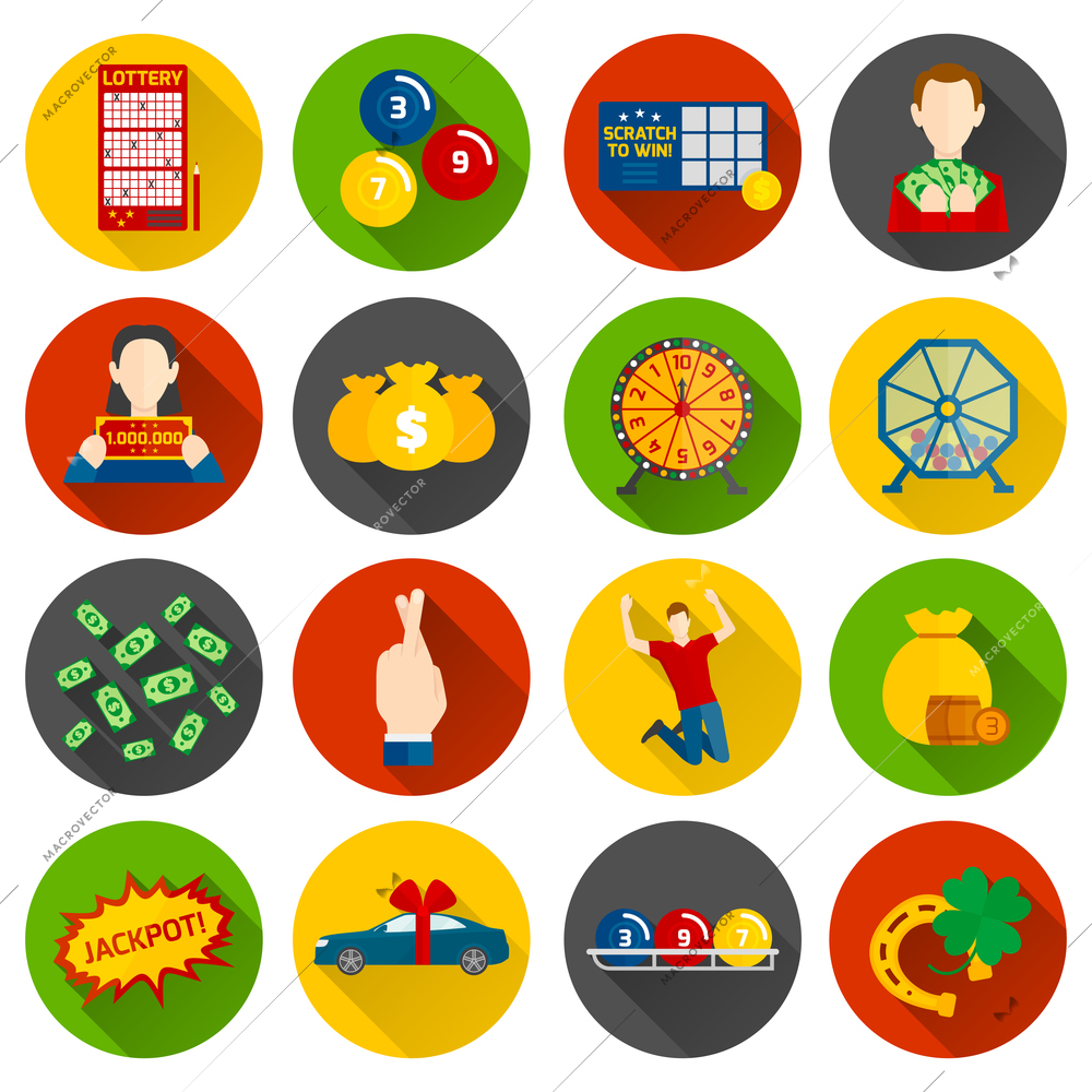 Lottery icon flat set with money and gambling  symbols isolated vector illustration