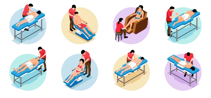 Isometric massage set of round compositions with icons of patient clients and physical specialists giving massage vector illustration